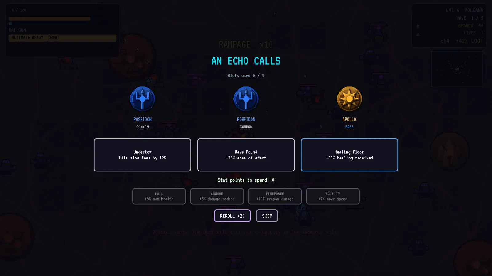 Three Echo boons offered, one per god, with rarity colours