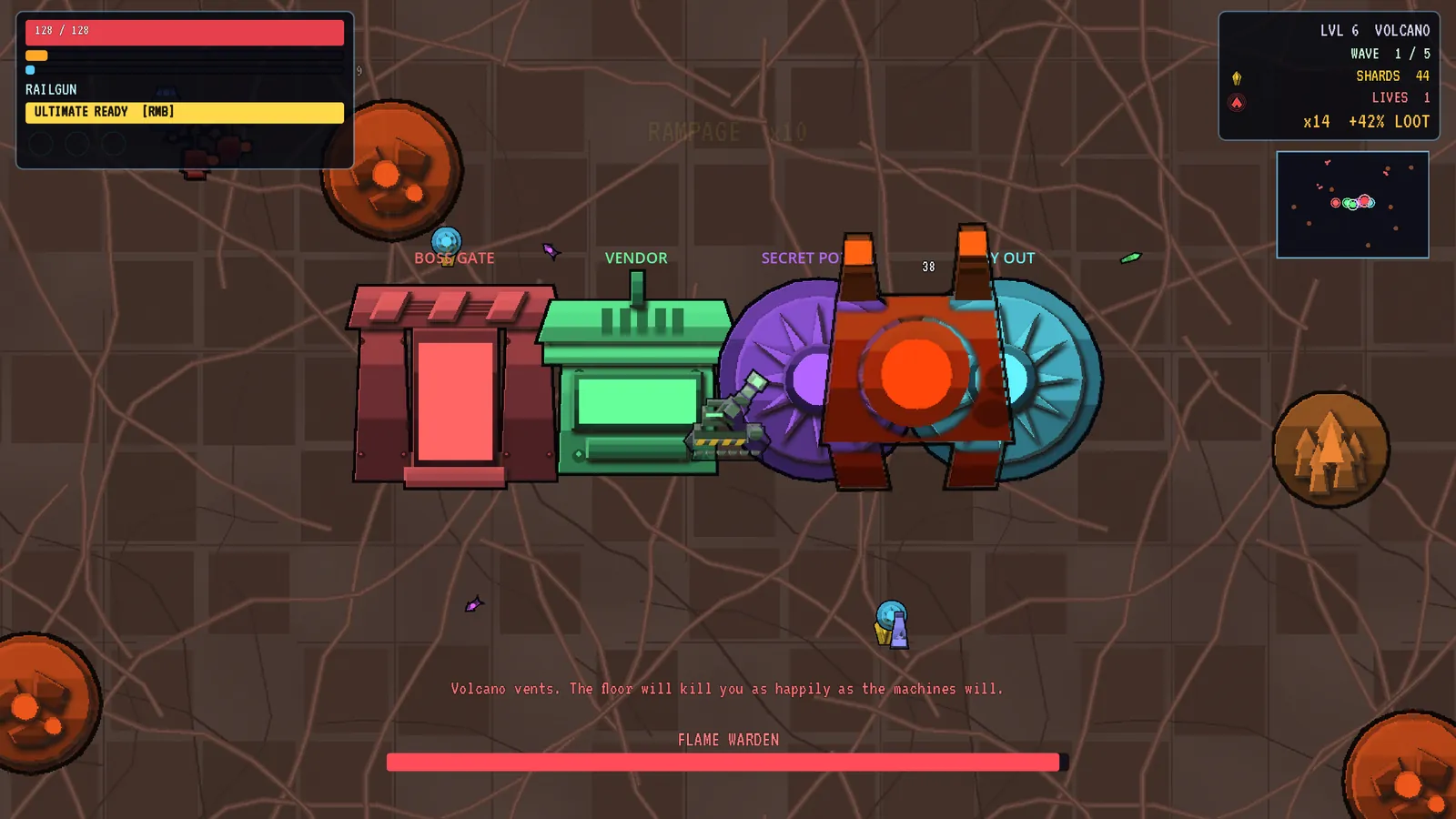 A warden boss facing the player mech