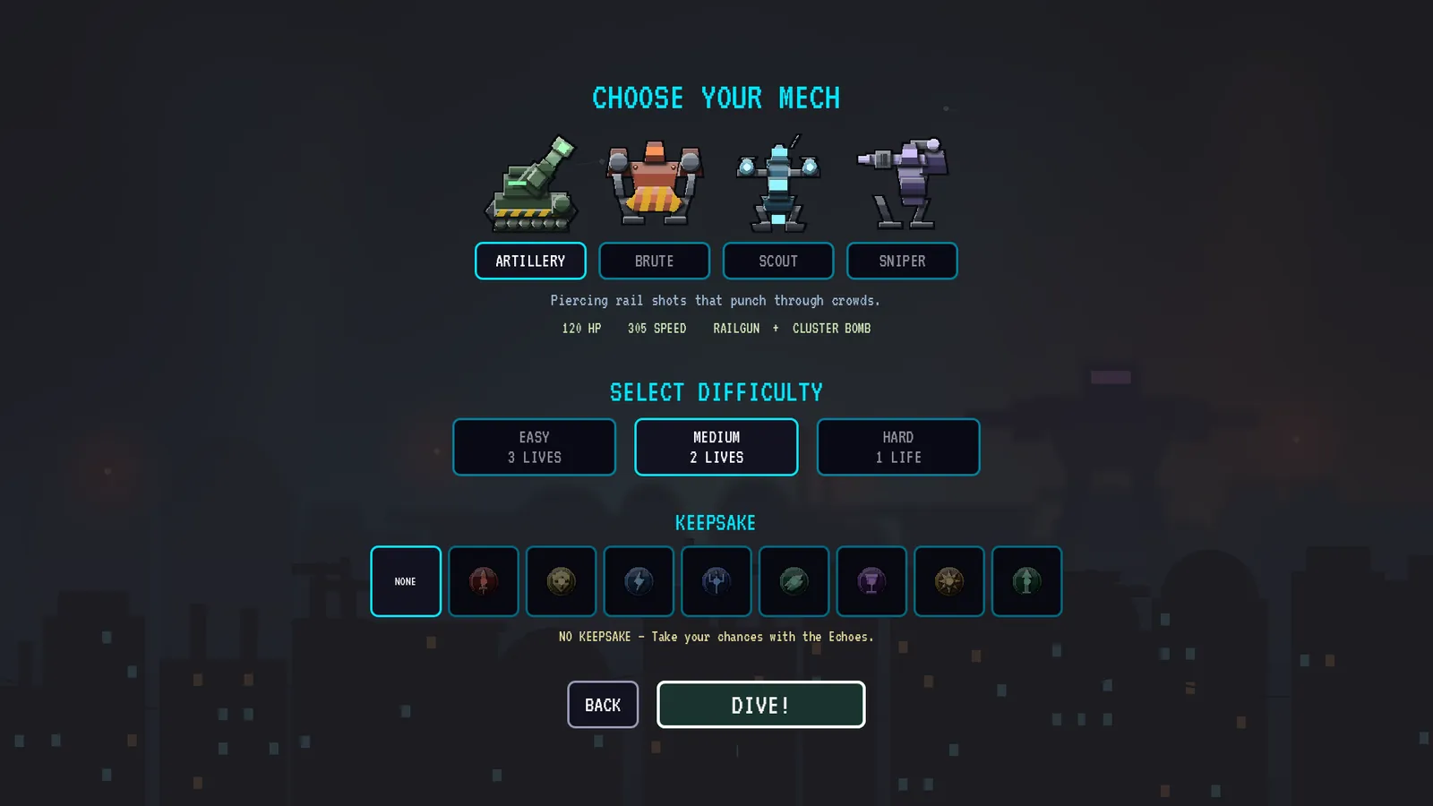 The mech selection screen