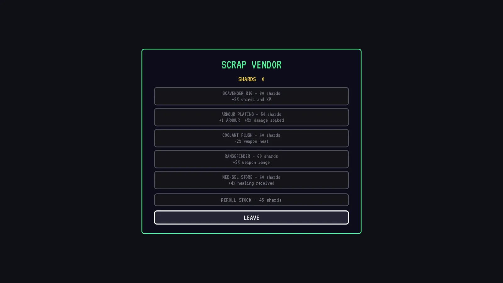 The scrap vendor menu with five lines of stock