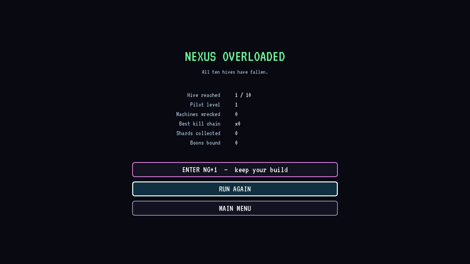The victory screen after overloading the Nexus